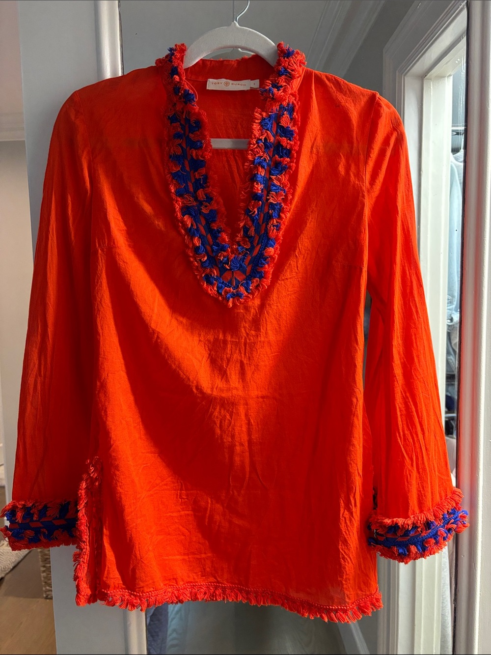 Red-Orange Tory Burch Embroidered V-Neck Women's Tunic